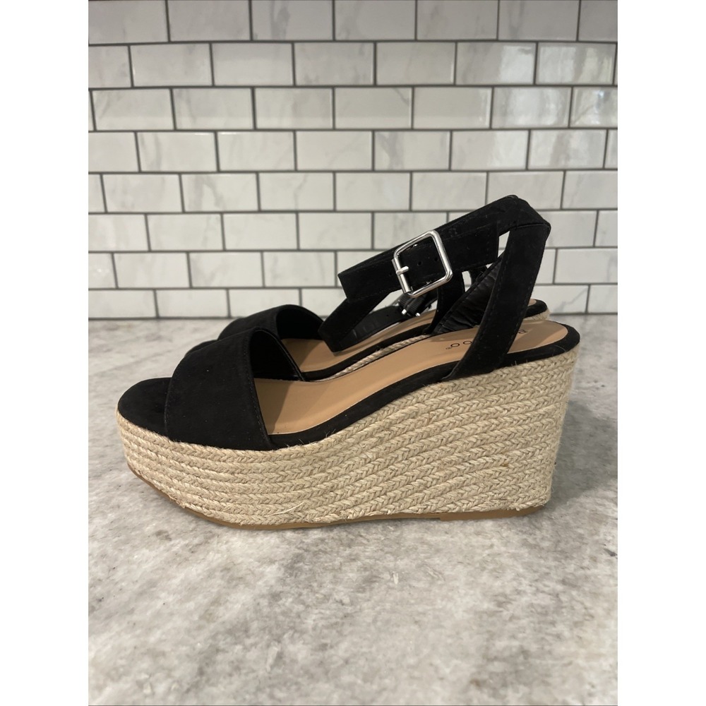 Bamboo Sandals Shoes Womens 8 Black Woven Wedge Heels Espadrille Peep Toe
